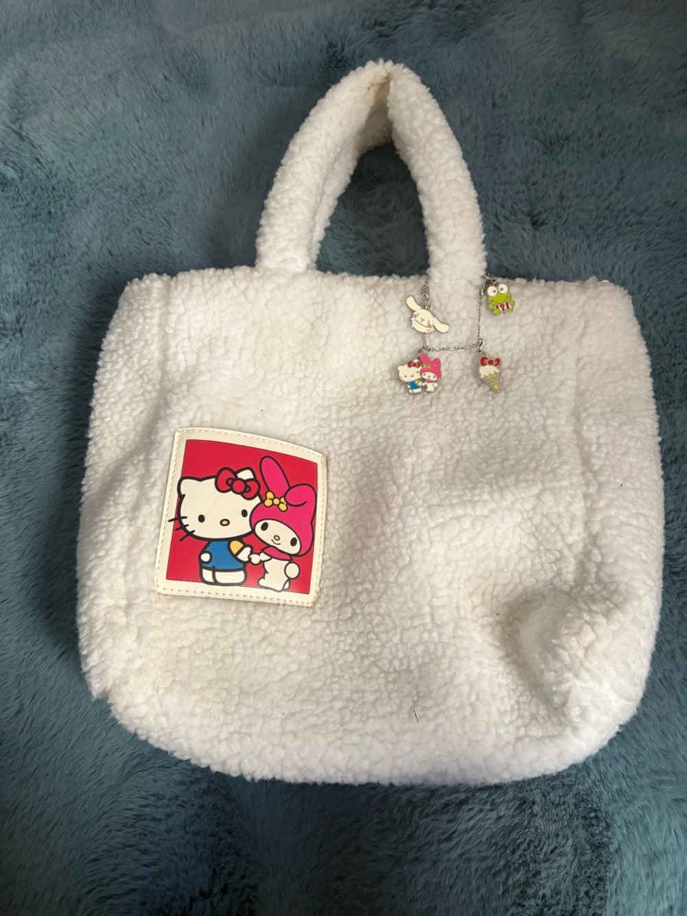 Sanrio White Sherpa Tote Bag with Hello Kitty Patch